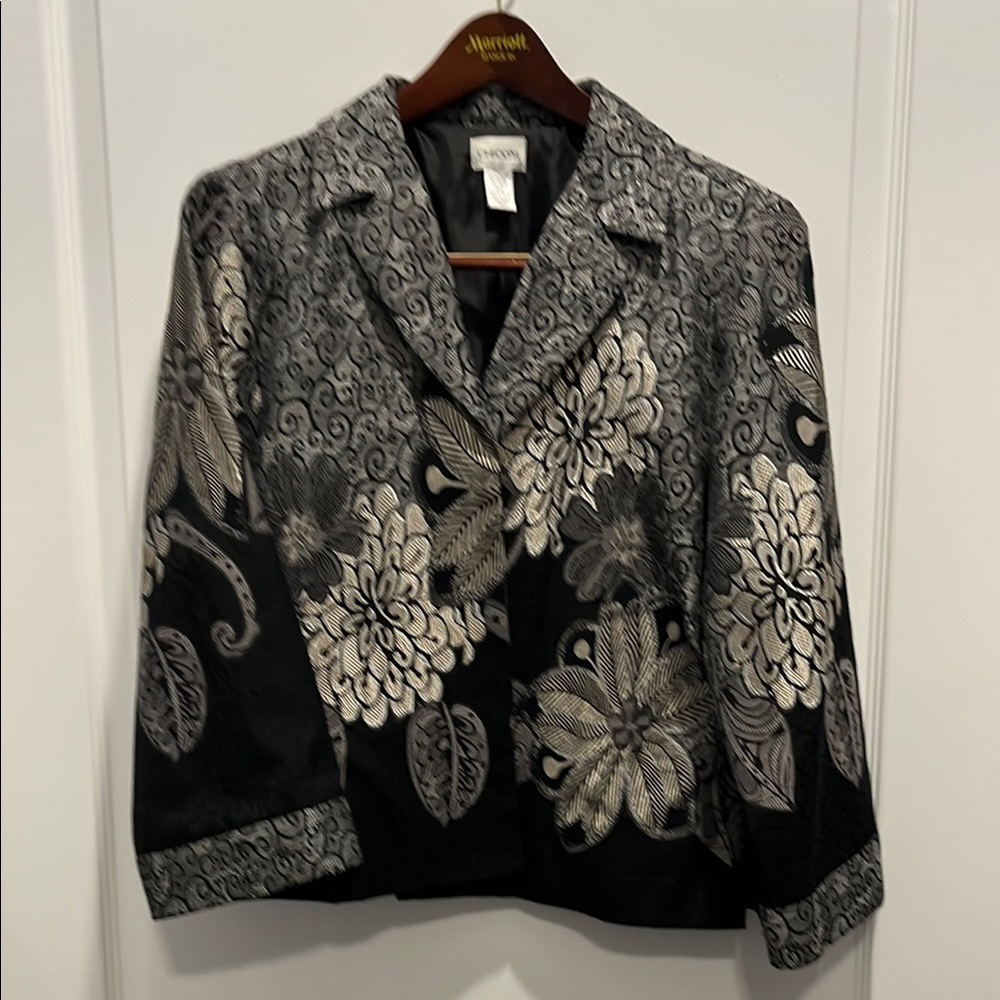 Chico's Black and Gray Blazer with Floral Pattern